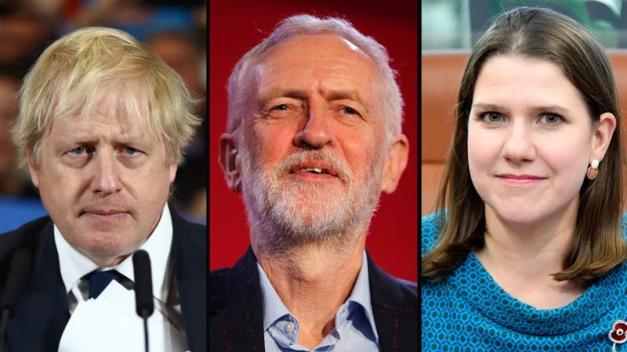 From left: Prime Minister Boris Johnson of the Conservative Party, Labour's Jeremy Corbyn and Jo Swinson, Liberal Democrats leader [Reuters]